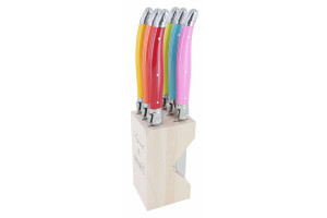 Bloc en bois avec 6 couteaux à steak microdentés Laguiole André Verdier Printemps multicolore