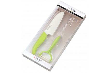 Coffret KYOCERA - Santoku 14 cm + Éplucheur céramique de 4cm à manches verts