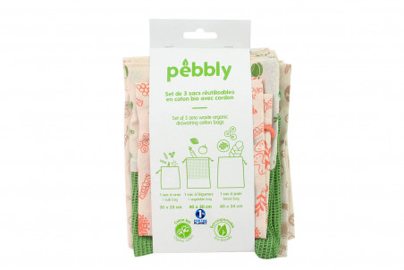 Set de 3 sacs à vrac Pebbly en coton biologique - rouge vert et marron