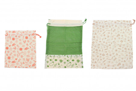 Set de 3 sacs à vrac Pebbly en coton biologique - rouge vert et marron