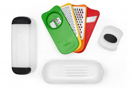 Lot OXO de 2 râpes lames inox + 1 éminceur + 1 spiralizer avec récupérateur