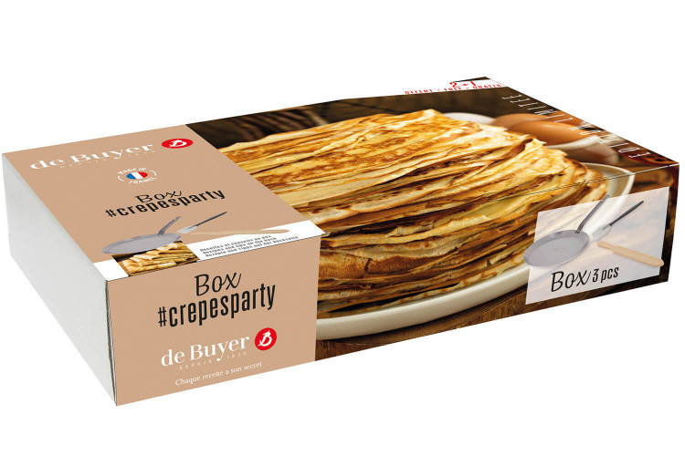 Box De Buyer Crêpesparty avec poêle en fer pinceau et spatule