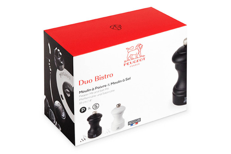Lot de deux moulins à sel et poivre Peugeot Duo Bistro - bois noir et blanc 10cm