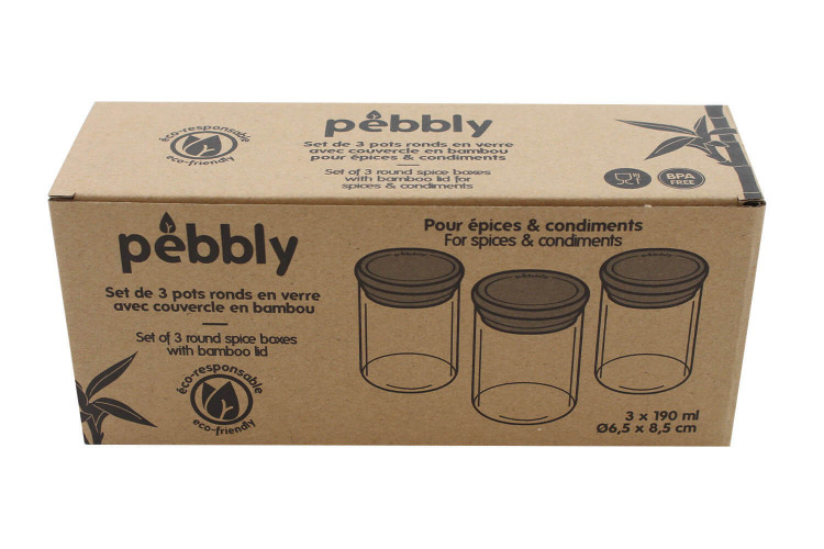 Set de 3 pots à épices Pebbly en verre + couvercle bambou 190ml