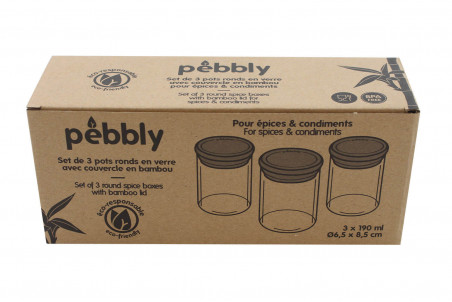 Set de 3 pots à épices Pebbly en verre + couvercle bambou 190ml