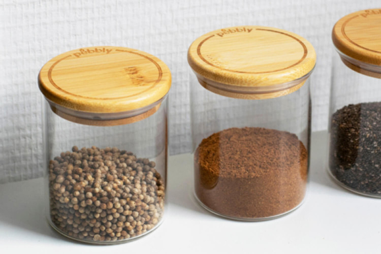 Set de 3 pots à épices Pebbly en verre + couvercle bambou 190ml