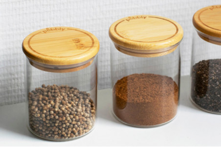 Set de 3 pots à épices Pebbly en verre + couvercle bambou 190ml