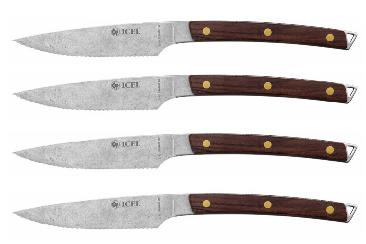 Coffret 4 couteaux à steak Icel lame dentelée 11cm manche bois incurvé