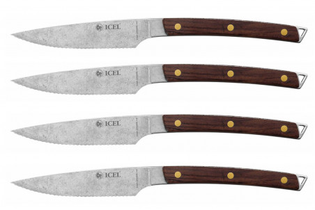 Coffret 4 couteaux à steak Icel lame dentelée 11cm manche bois incurvé