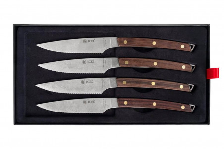 Coffret 4 couteaux à steak Icel lame dentelée 11cm manche bois incurvé