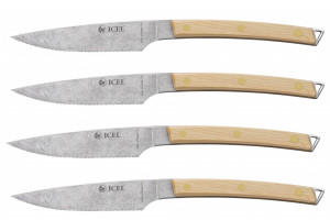 Coffret 4 couteaux à steak Icel lame dentelée 11cm manche bois d'érable incurvé 2