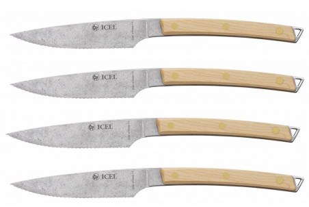 Coffret 4 couteaux à steak Icel lame dentelée 11cm manche bois d'érable incurvé