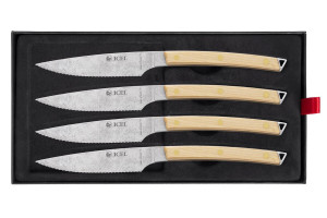 Coffret 4 couteaux à steak Icel lame dentelée 11cm manche bois d'érable incurvé