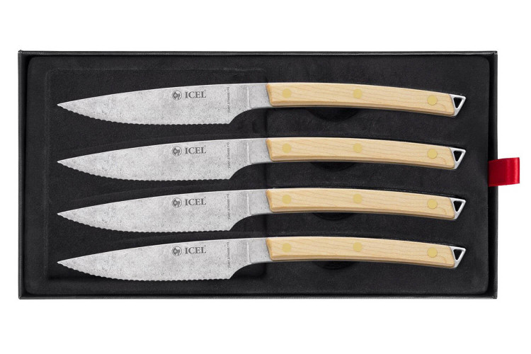 Coffret 4 couteaux à steak Icel lame dentelée 11cm manche bois d'érable incurvé