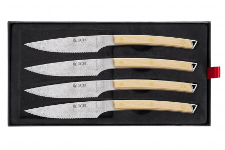 Coffret 4 couteaux à steak Icel lame dentelée 11cm manche bois d'érable incurvé