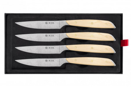 Coffret 4 couteaux à steak Icel lame dentelée 11cm manche droit bois d'érable