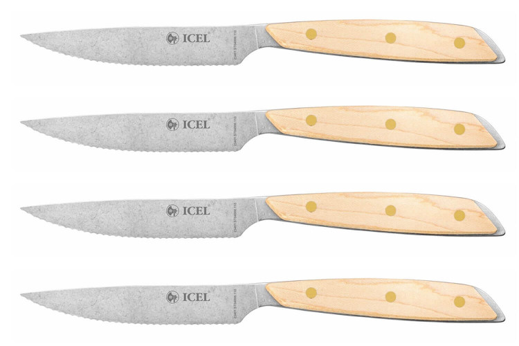Coffret 4 couteaux à steak Icel lame dentelée 11cm manche droit bois d'érable