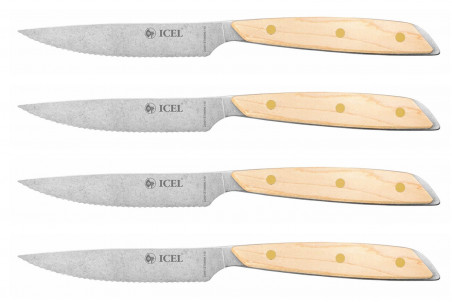 Coffret 4 couteaux à steak Icel lame dentelée 11cm manche droit bois d'érable