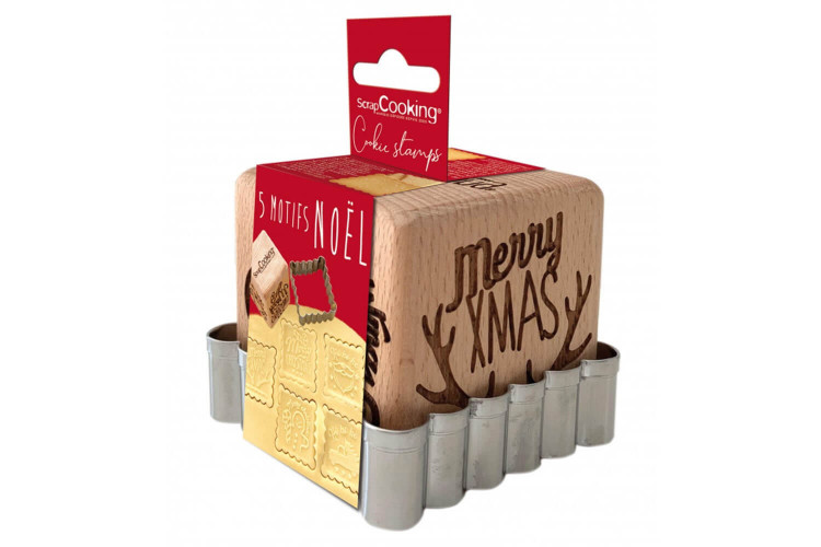 Tampon en bois Scrapcooking pour biscuits + découpoir en inox
