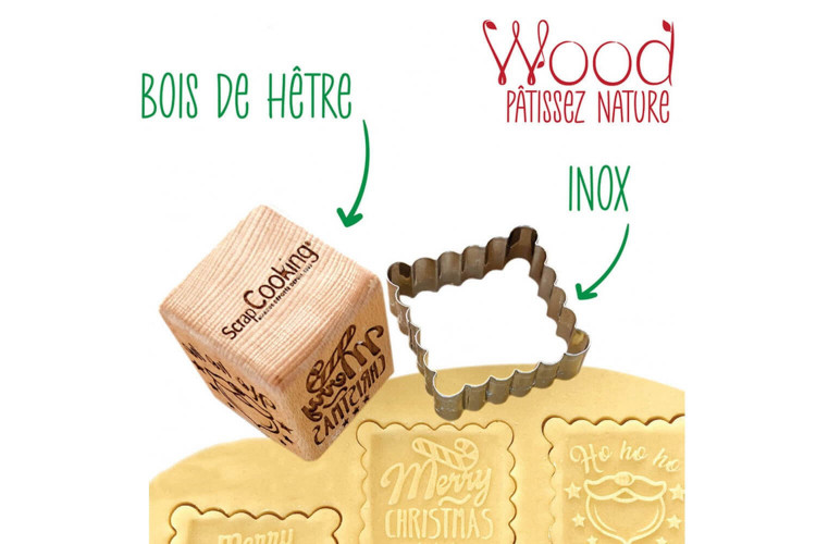 Tampon en bois Scrapcooking pour biscuits + découpoir en inox