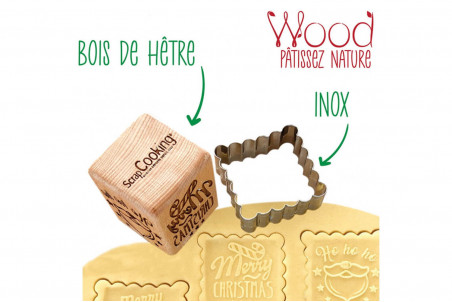 Tampon en bois Scrapcooking pour biscuits + découpoir en inox