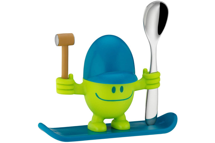 Coquetier enfant WMF McEgg vert et bleu lagon avec cuillère et marteau