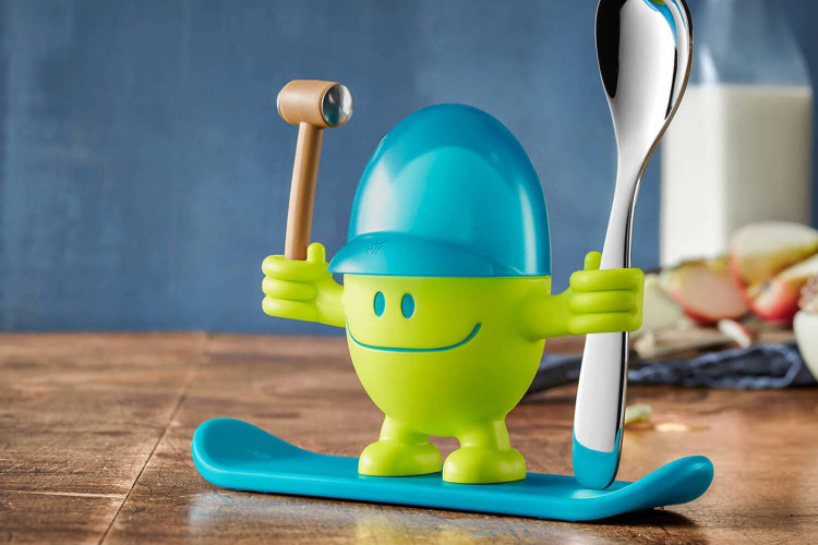 Coquetier enfant WMF McEgg vert et bleu lagon avec cuillère et marteau