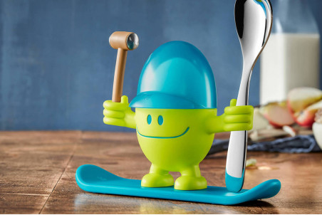 Coquetier enfant WMF McEgg vert et bleu lagon avec cuillère et marteau