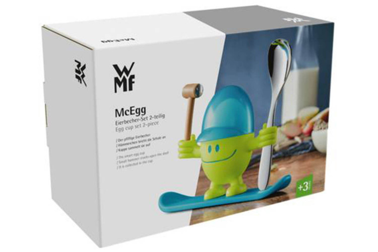 Coquetier enfant WMF McEgg vert et bleu lagon avec cuillère et marteau