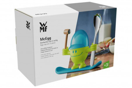 Coquetier enfant WMF McEgg vert et bleu lagon avec cuillère et marteau
