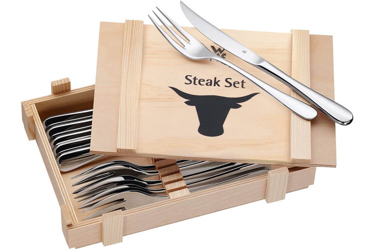 Set de couverts en inox 18/10 WMF Holzkass - 6 couteaux à steak et 6 fourchettes