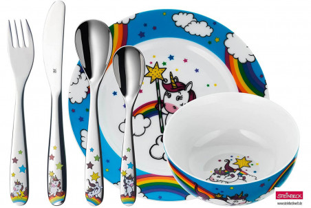 Couverts pour enfants WMF Licorne inox 18/10 - Bol et assiette en porcelaine