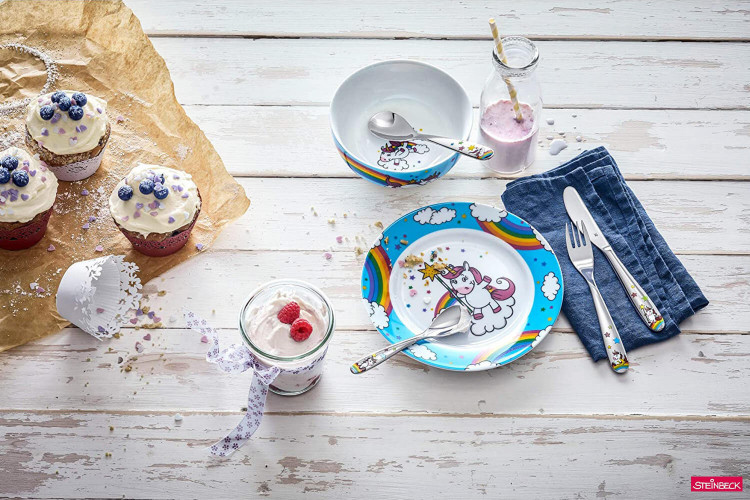 Couverts pour enfants WMF Licorne inox 18/10 - Bol et assiette en porcelaine