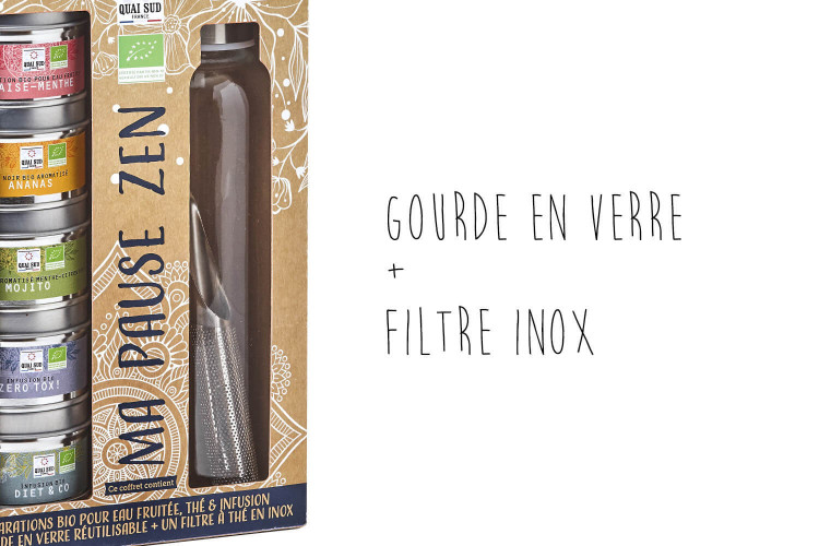 Coffret 5 préparations bio Quai Sud Ma Pause Zen eaux fruitées, thés et infusions + gourde + filtre à thé