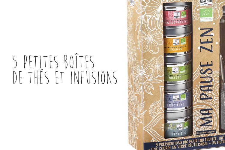 Coffret 5 préparations bio Quai Sud Ma Pause Zen eaux fruitées, thés et infusions + gourde + filtre à thé