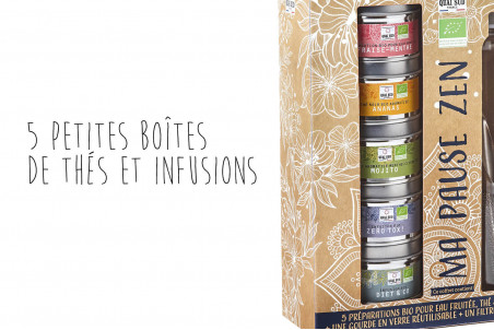 Coffret 5 préparations bio Quai Sud Ma Pause Zen eaux fruitées, thés et infusions + gourde + filtre à thé