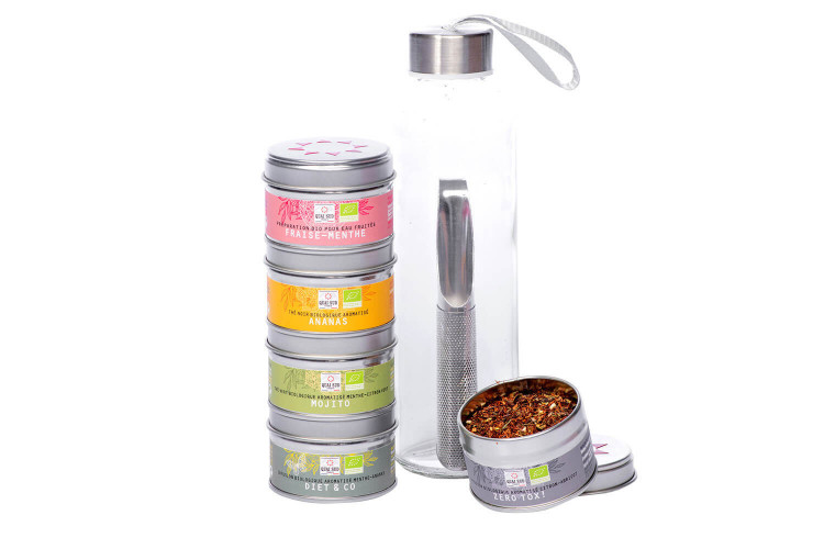 Coffret 5 préparations bio Quai Sud Ma Pause Zen eaux fruitées, thés et infusions + gourde + filtre à thé