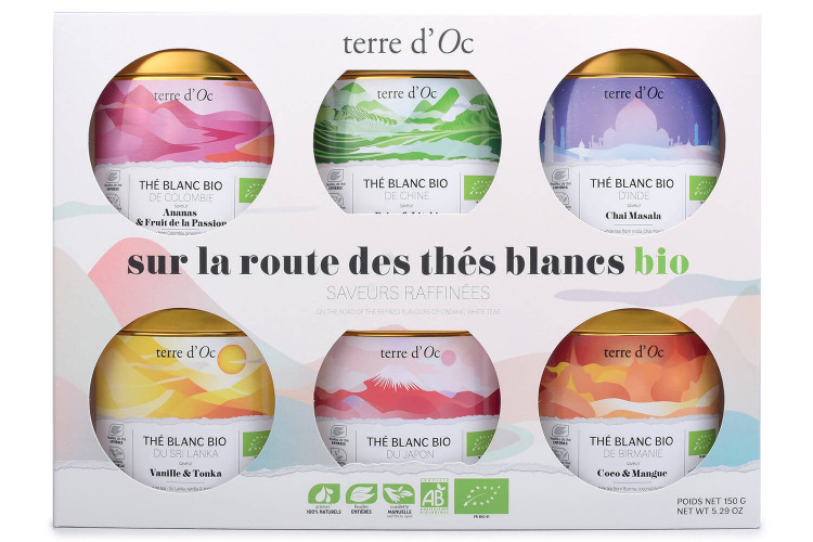 Coffret Terre d'Oc Sur la Route des Thés blancs bio de 6 thés aromatisés bio