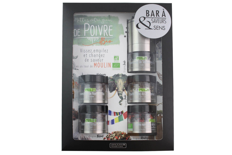 Coffret de 5 poivres bio Savor&Sens et moulin dévissable