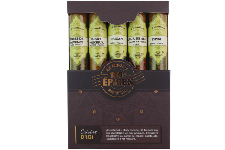 Coffret d'épices Le Monde en Tube Cuisine d'ici + carnet de recettes - 5 pièces