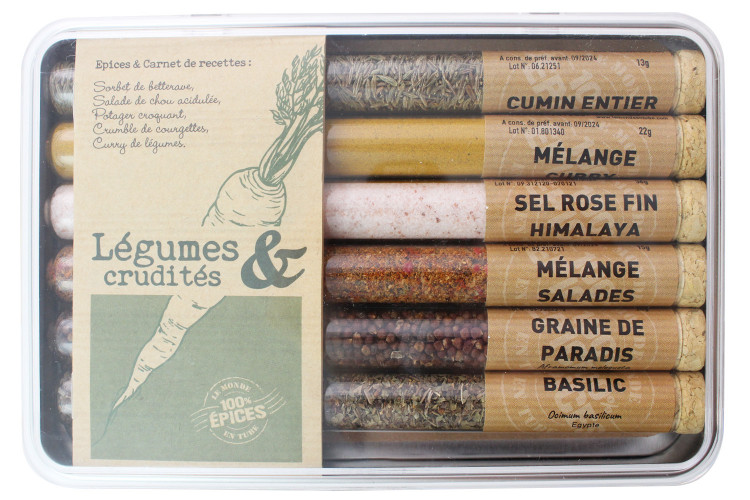 Coffret 6 tubes d'épices Le Monde en Tube Légumes et Crudités + livret de recettes