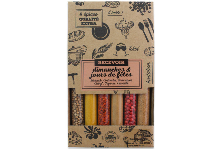 Coffret 6 tubes d'épices Le Monde en Tube Recevoir dimanches et jours de fêtes + livre recettes