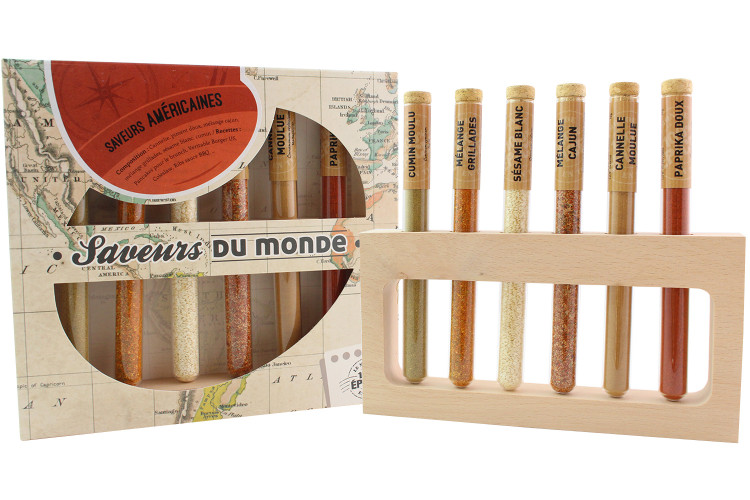 Coffret Le Monde en Tube Saveurs américaines 6 épices en tube + support bois