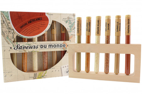 Coffret Le Monde en Tube Saveurs américaines 6 épices en tube + support bois