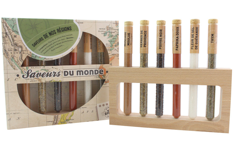 Coffret Le Monde en Tube Saveurs de nos régions 6 épices en tube + support bois