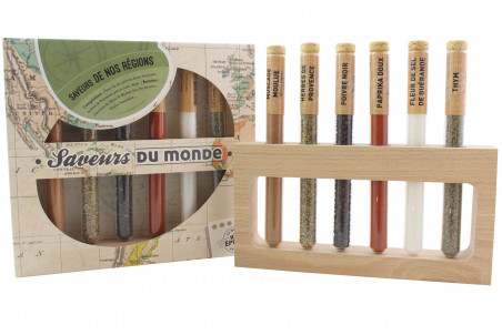 Coffret Le Monde en Tube Saveurs de nos régions 6 épices en tube + support bois