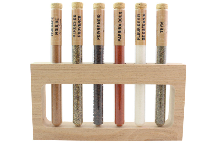 Coffret Le Monde en Tube Saveurs de nos régions 6 épices en tube + support bois