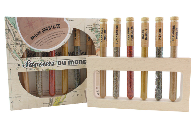 Coffret Le Monde en Tube Saveurs orientales 6 épices en tube + support bois