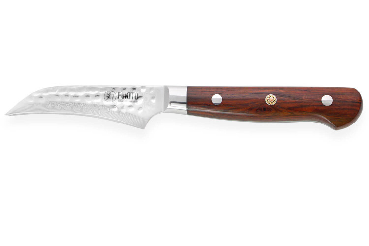 Couteau bec d'oiseau Fukito Rosewood Damas lame inox 8cm et manche bois de rose