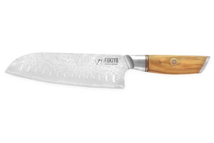 Couteau santoku Fukito Olive Damas 14Cr - lame acier alvéolée 18cm